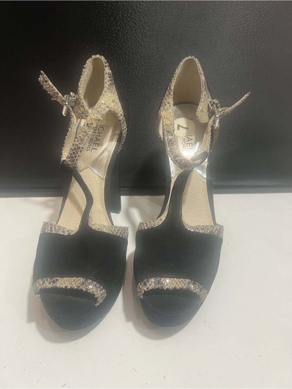 Michael Kors "Sophia" Black Suede Glazed Python T-Strap Platform Pumps